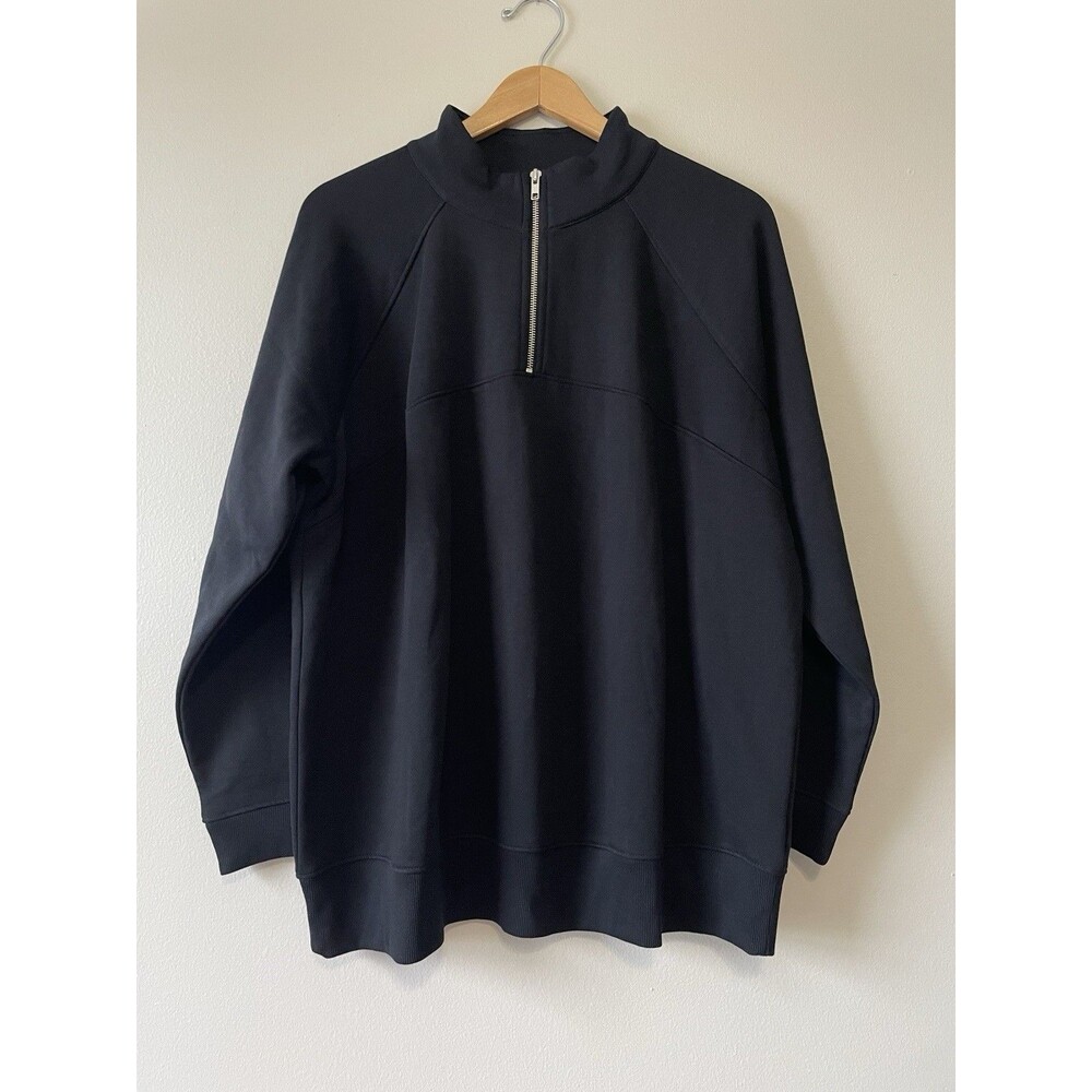 Susan Graver Quarter Zip Sweatshirt 1X Black Cotton Blend Mock Neck Basic